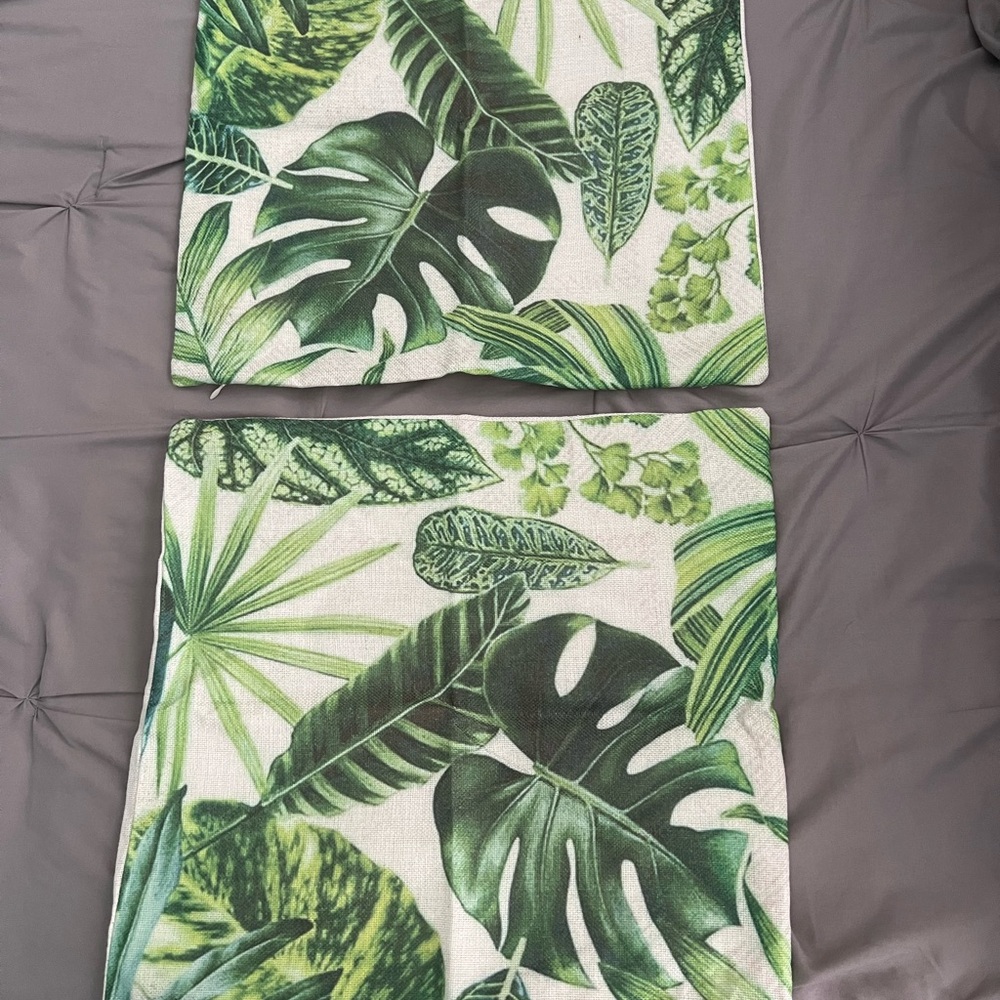 Tropical Green and White Leaf Throw Pillow Covers
